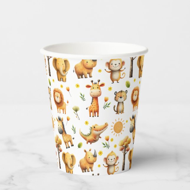 Cute Watercolor ZOO Jungle Safari Animals Pattern Paper Cups (Front)