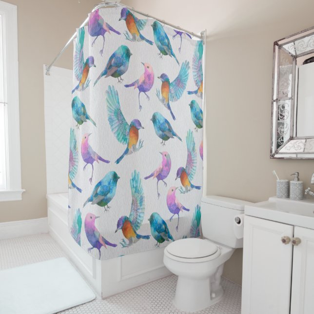 Cute Watercolors Colourful Birds Shower Curtain (In Situ)