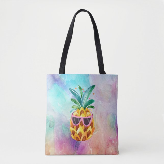 Cute Watercolors Pineapple In Sunglasses Tote Bag (Front)
