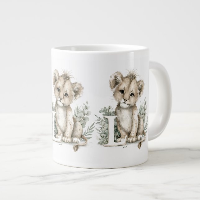 Cute watercolour animal alphabet Lion Large Coffee Mug (Front Right)