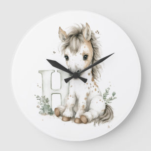 Cute watercolour baby animal alphabet Horse Large Clock