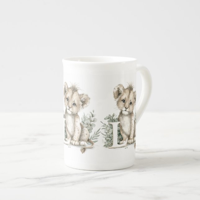 Cute watercolour baby animal alphabet Lion Bone China Mug (Front Right)