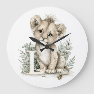 Cute watercolour baby animal alphabet Lion Large Clock