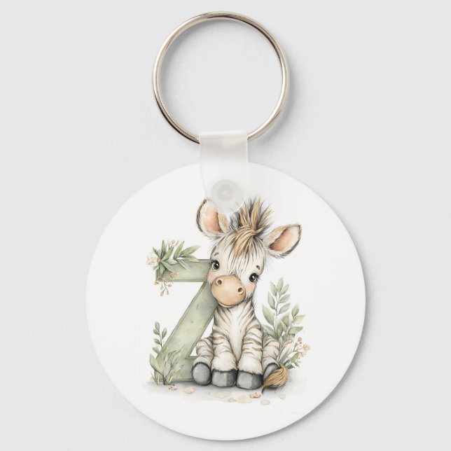 Cute watercolour baby animal alphabet Zebra Key Ring (Front)