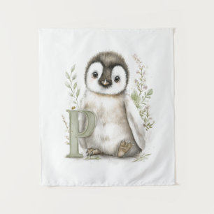 Cute Watercolour Baby Animals Alphabet Penguin Tapestry