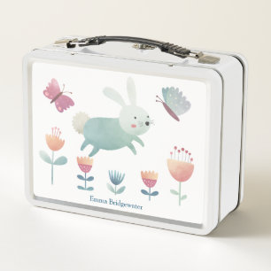 Cute watercolour Bunny & flowers Personalised M Metal Lunch Box
