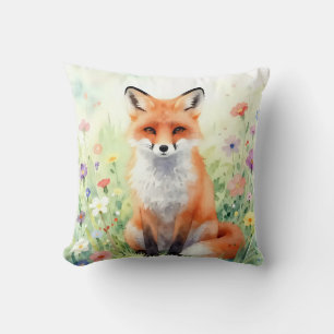Cute Watercolour Fox in Wildflowers Cushion
