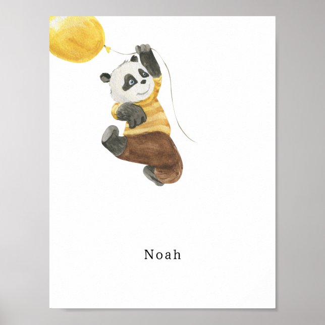 Cute Watercolour Panda With Balloon Name Poster (Front)