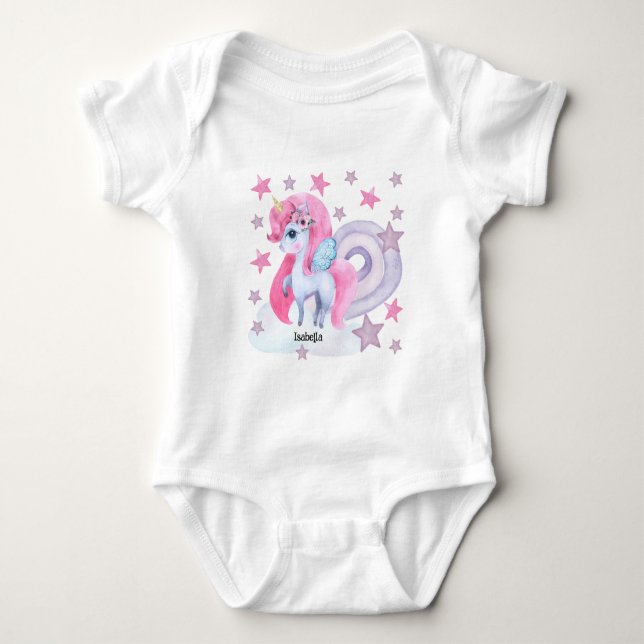 Cute Watercolour Rainbow Unicorn Personalised Baby Bodysuit (Front)