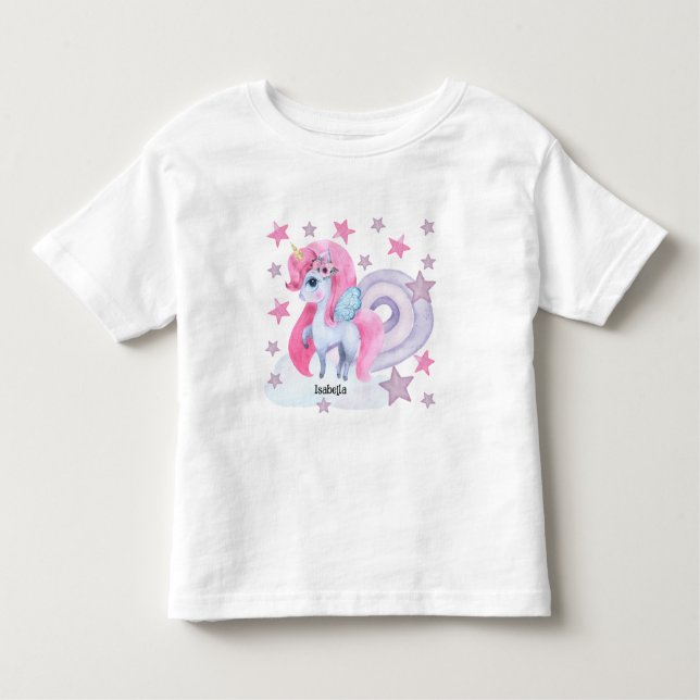 Cute Watercolour Rainbow Unicorn Personalised Toddler T-Shirt (Front)