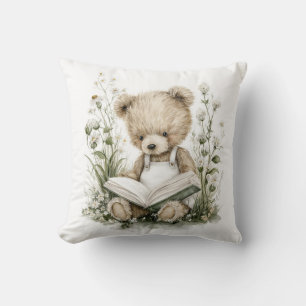 Cute Watercolour Teddy Bear reading a book Cushion