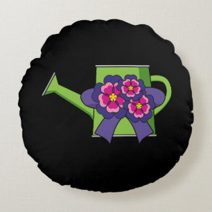 Cute Watering Can with Flowers Bouquet Round Cushion