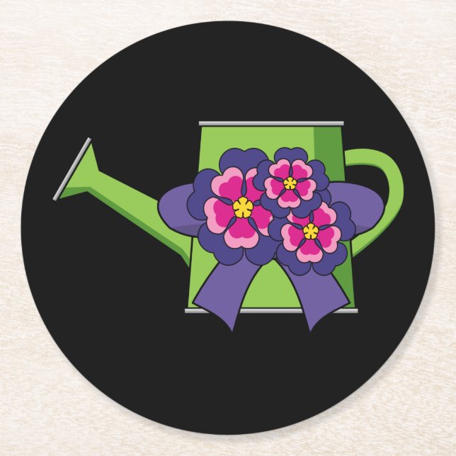 Cute Watering Can with Flowers Bouquet Round Paper Coaster (Front)