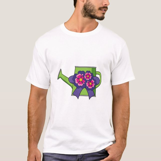 Cute Watering Can with Flowers Bouquet T-Shirt (Front)