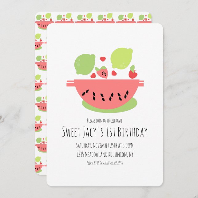 Cute Watermelon Birthday Fruit Salad Invitation (Front/Back)