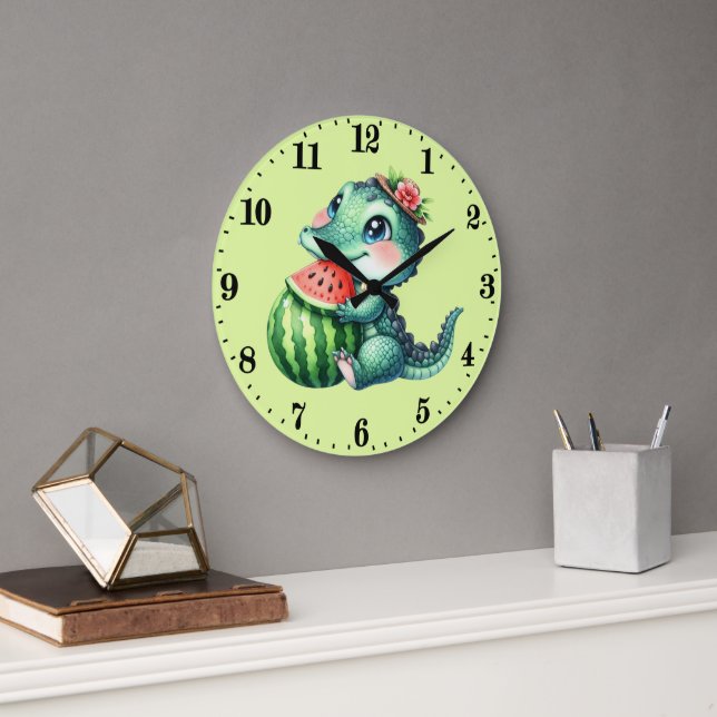 Cute watermelon lovers Alligator Large Clock (Office)