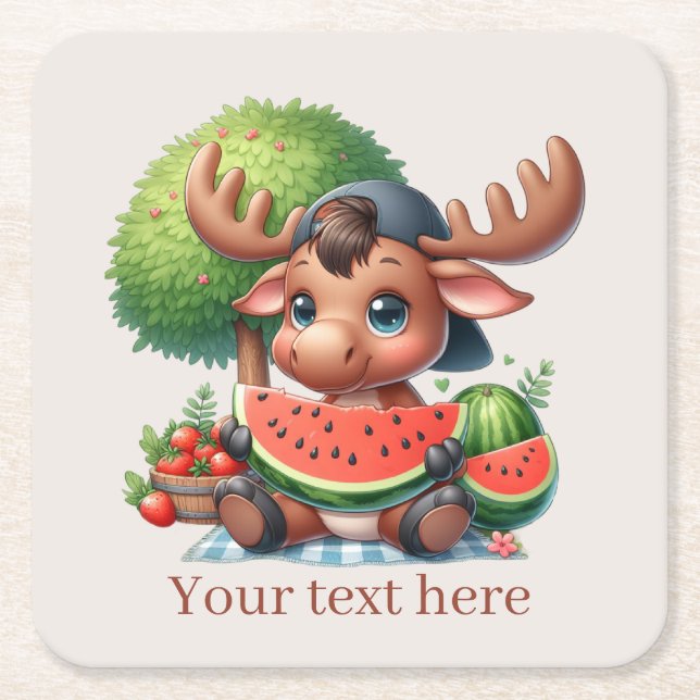 Cute watermelon moose party  square paper coaster (Front)