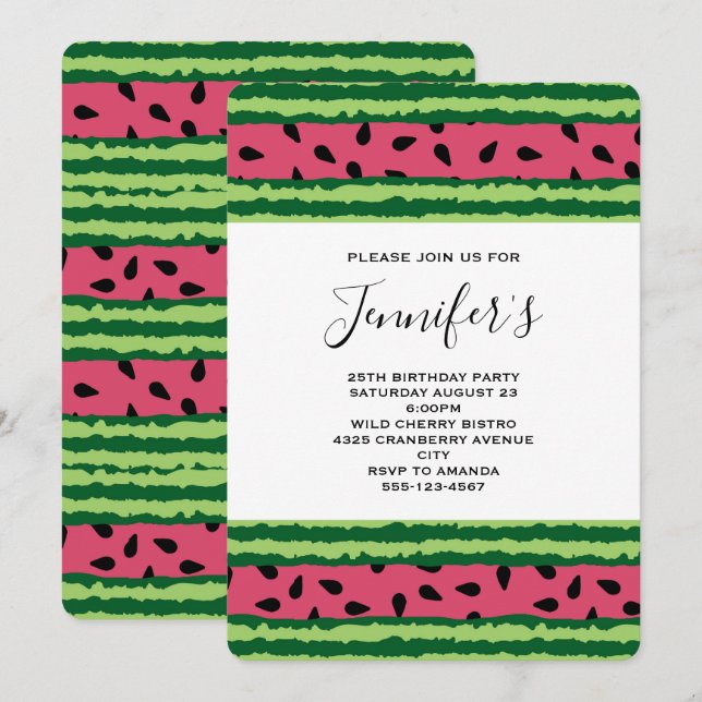 Cute Watermelon Pattern Pink & Green Birthday Invitation (Front/Back)