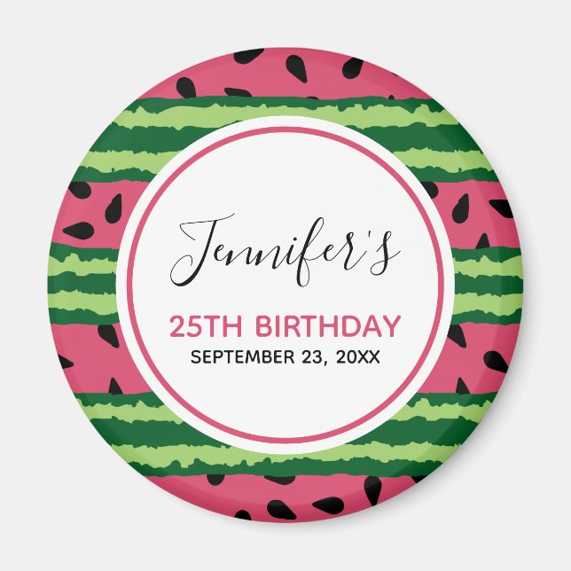 Cute Watermelon Pattern Pink & Green Birthday Magnet (Front)