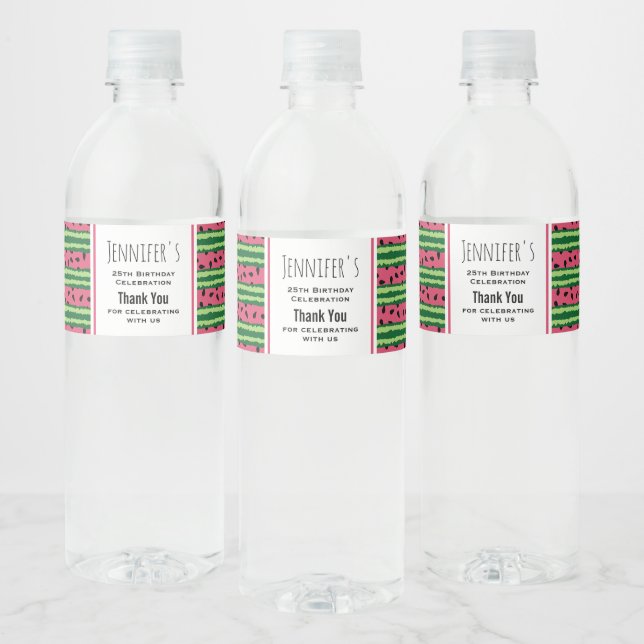 Cute Watermelon Pattern Pink & Green Birthday Water Bottle Label (Bottles)