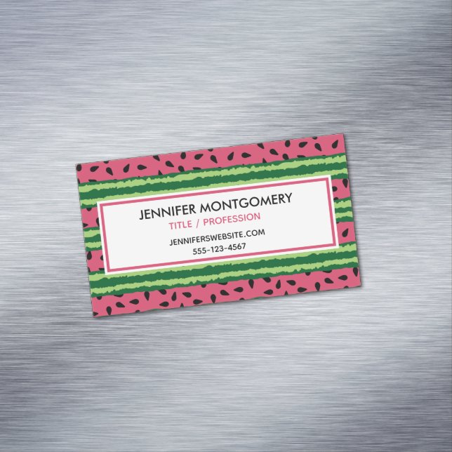 Cute Watermelon Pattern Pink & Green Magnetic Business Card (In Situ)