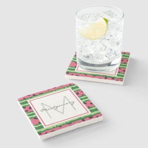 Cute Watermelon Pattern Pink & Green Monogram Stone Coaster