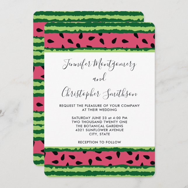 Cute Watermelon Pattern Pink & Green Wedding Invitation (Front/Back)
