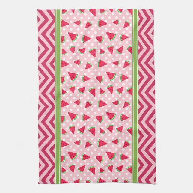Cute Watermelon Polka Dot & Chevron Pink Tea Towel (Vertical)