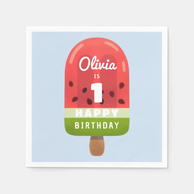 Cute Watermelon Popsicle 1st Birthday Napkin (Front)