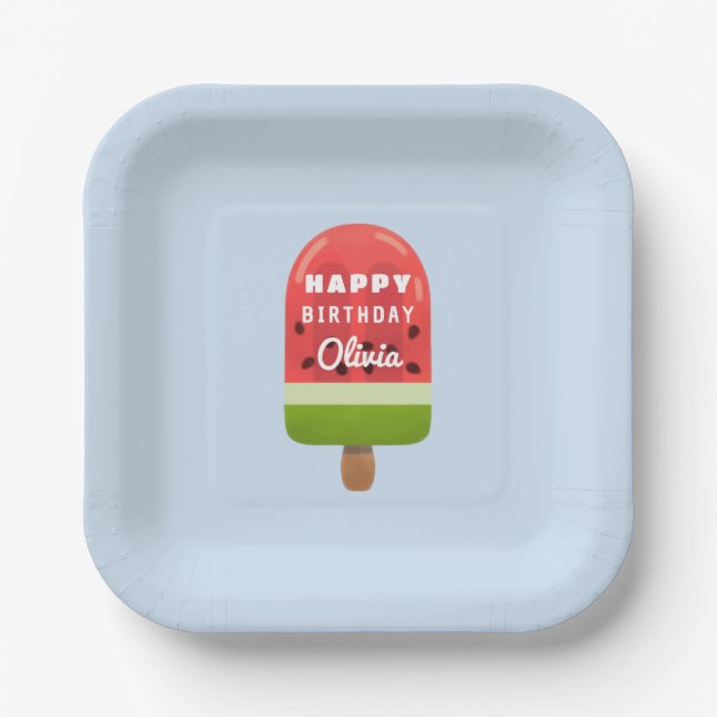 Cute Watermelon Popsicle Happy Birthday  Paper Plate (Front)