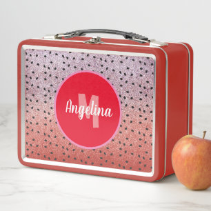 Cute Watermelon Seeds Monogrammed Faux Glitter Red Metal Lunch Box