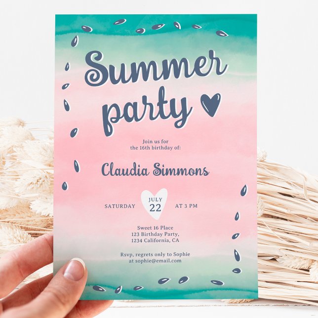 Cute watermelon summer gradient pink sweet 16 invitation (Creator Uploaded)
