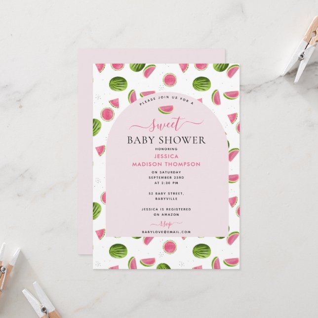 Cute Watermelon Summer Pink Girl Baby Shower Invitation (Front/Back In Situ)