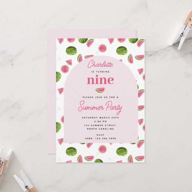 Cute Watermelon Summer Pink Girl Birthday Invitation (Front/Back In Situ)