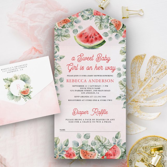 Cute Watermelon Sweet Baby Girl Baby Shower All In One Invitation (Creator Uploaded)