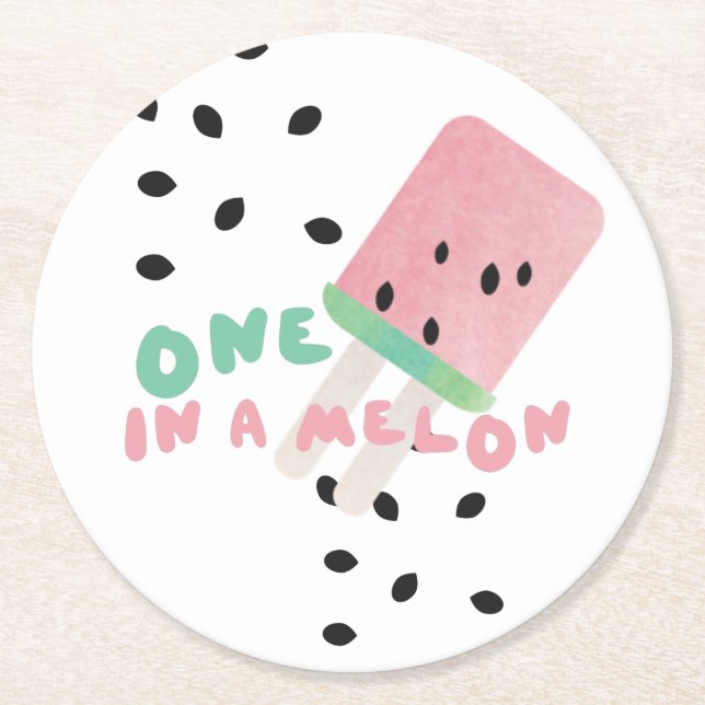 Cute Watermelon Turning One in a Melon    Paper Pl Round Paper Coaster (Front)
