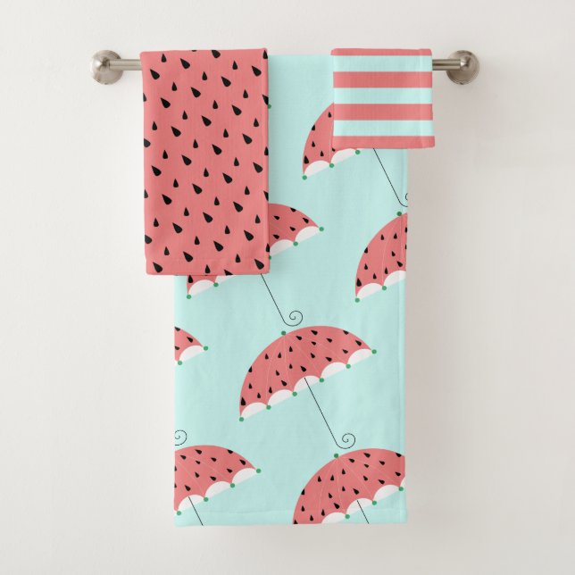 Cute Watermelon Umbrella Pattern on Blue Bath Towel Set (Insitu)
