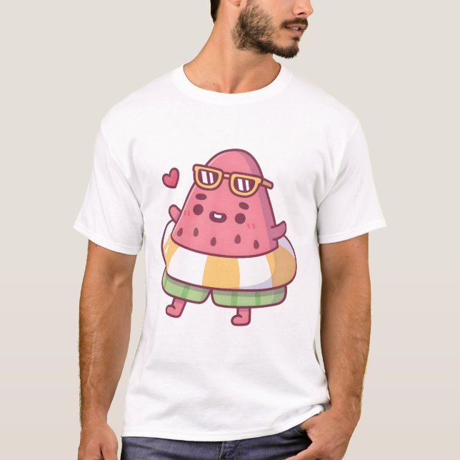 Cute Watermelon With Sunglasses And Pool Float Sum T-Shirt (Front)