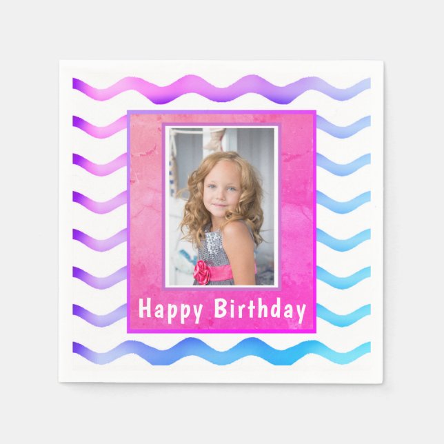 Cute Waves Pink Blue Birthday Photo Napkin (Front)