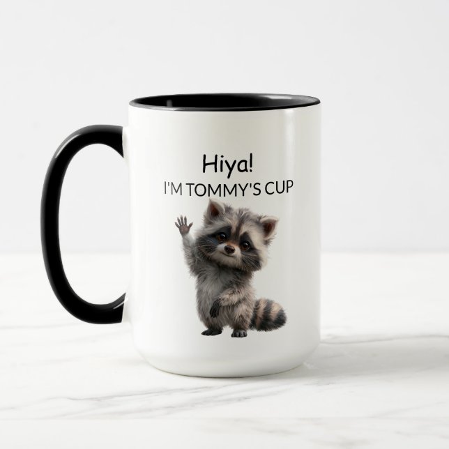 Cute Waving Baby Racoon Mug | Personalised (Left)