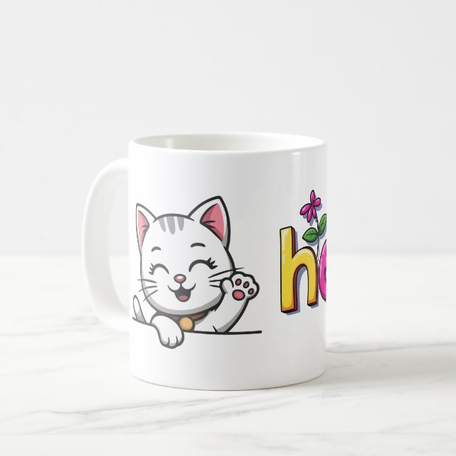 Cute Waving Cat Hello Colourful Retro Coffee Mug (Front Left)