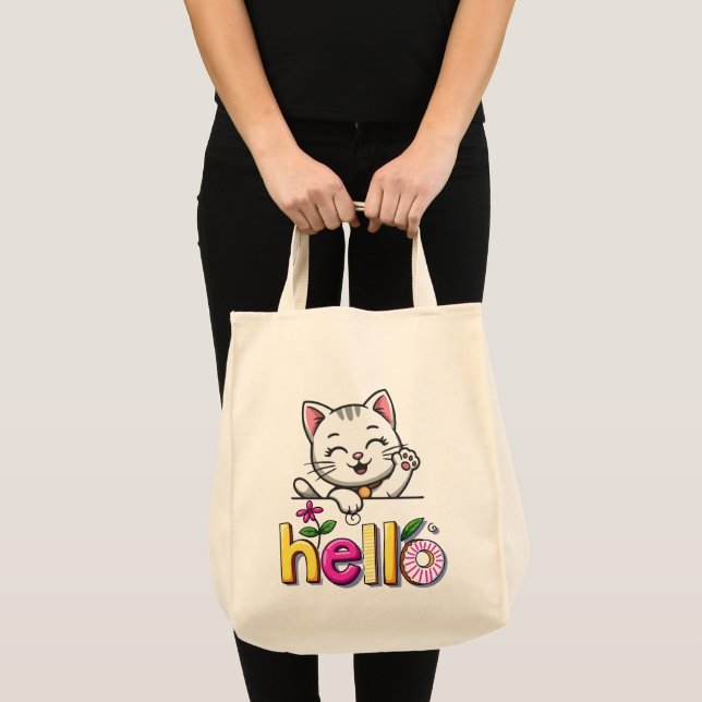 Cute Waving Cat Hello Colourful Retro Tote Bag (Front (Product))