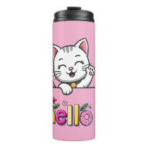 Cute Waving Cat Hello Pink Thermal Tumbler