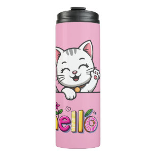 Cute Waving Cat Hello Pink Thermal Tumbler