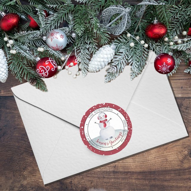 Cute Waving Snowman Season's Greetings Family Classic Round Sticker (Creator Uploaded)