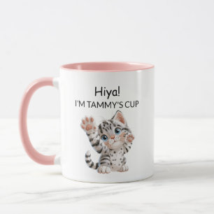 Cute Waving Tabby Kitten Cat Mug Personalised