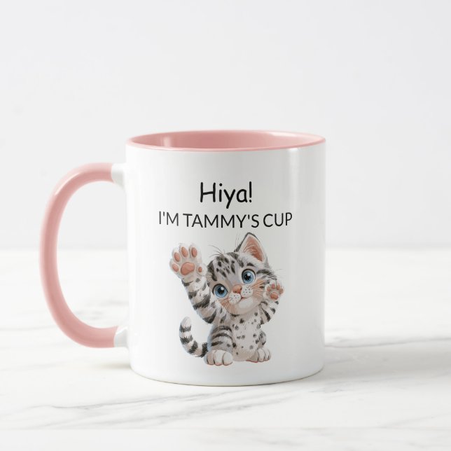 Cute Waving Tabby Kitten Cat Mug | Personalised (Left)