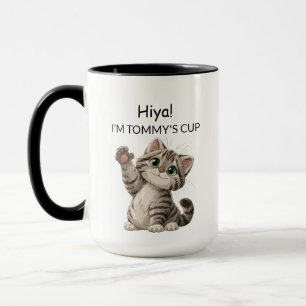 Cute Waving Tabby Kitten Cat Mug Personalised