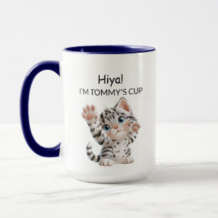 Cute Waving Tabby Kitten Cat Mug Personalised