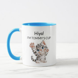 Cute Waving Tabby Kitten Cat Mug   Personalised